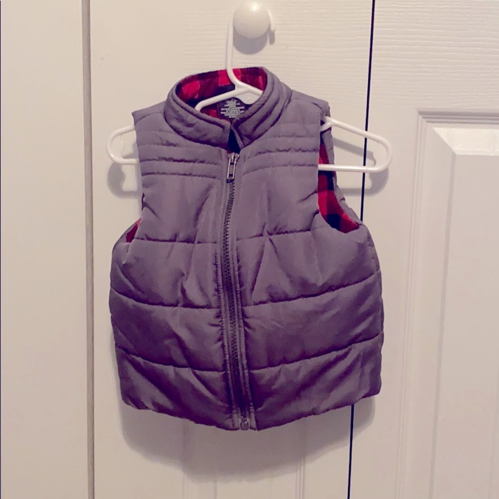 Gray vest with red and black Buffalo checkered